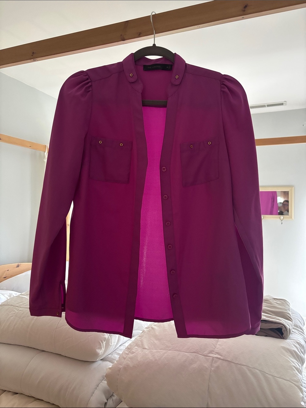 The Limited Magenta Button-Down Blouse with Puff Shoulders